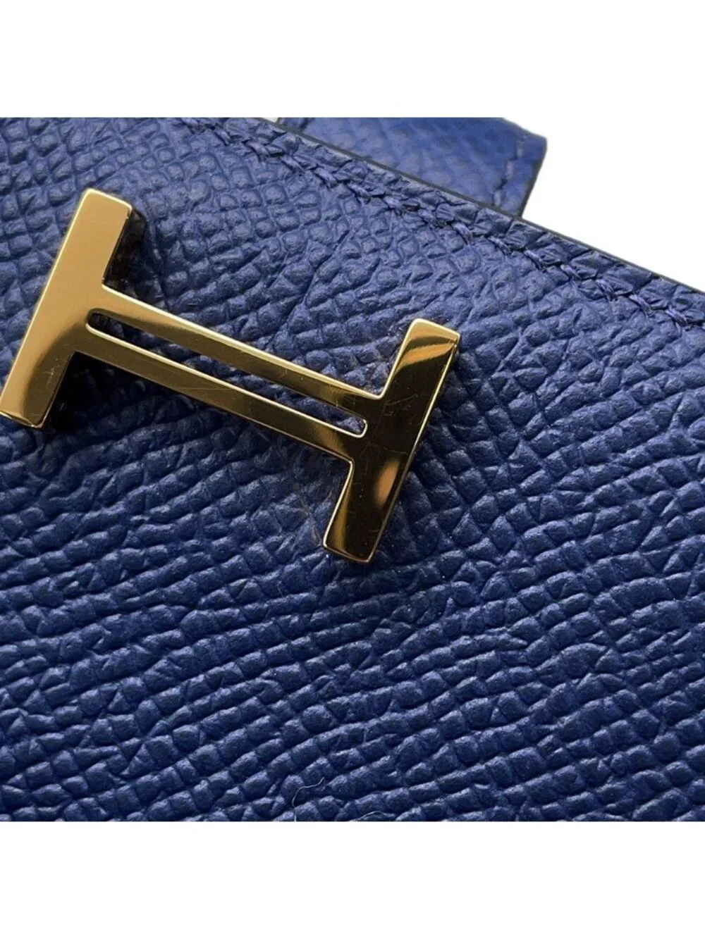 Hermes Bifold Wallet Bearn Compact Blue Navy Gold Epsom